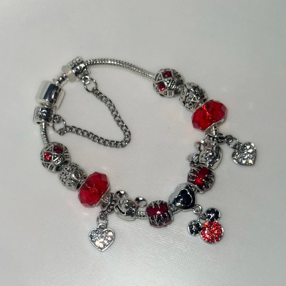 Elegant Silver and Red Charm Bracelet